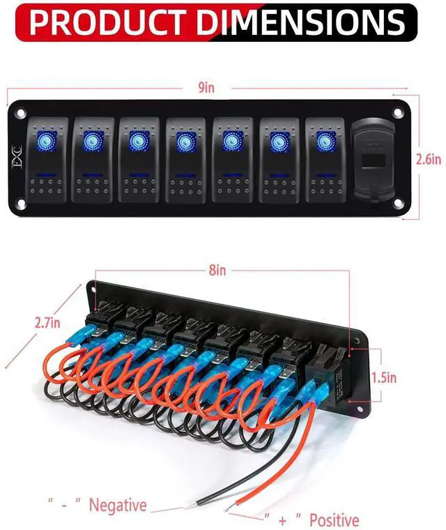 Alt view image 6 of 7 - Purishion 7 Gang Rocker Switch Aluminum Panel with Voltmeter & Dual USB(4.8 Amps) Fast Charging, Blue Backlit Led, Pre-Wired IP65 Waterproof for Marine, Boat, Car, Truck, Polaris, Jeep (Blue)