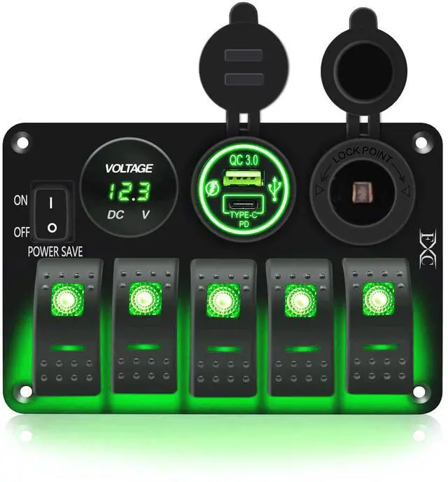 Main image of Waterproof Rocker Switch Panel Green 5 Gang with QC3.0 USB & Type-C Slot Socket + Cigarette Lighter +LED Voltmeter with Power Save for Car Rv Marine Boat Truck
