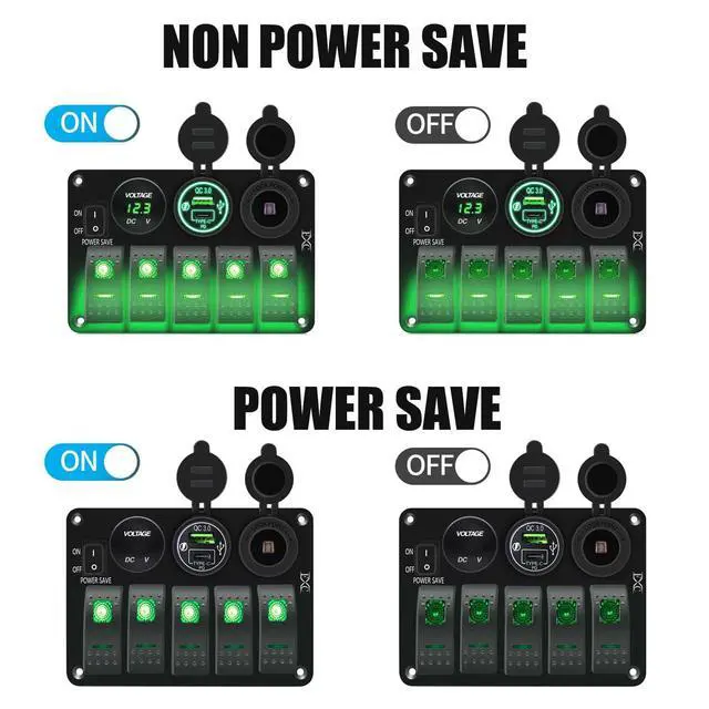 Alt view image 2 of 6 - Waterproof Rocker Switch Panel Green 5 Gang with QC3.0 USB & Type-C Slot Socket + Cigarette Lighter +LED Voltmeter with Power Save for Car Rv Marine Boat Truck