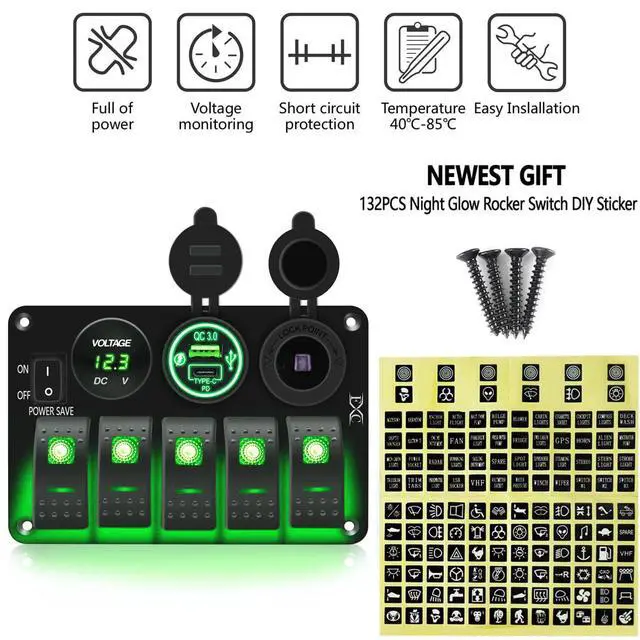 Alt view image 3 of 6 - Waterproof Rocker Switch Panel Green 5 Gang with QC3.0 USB & Type-C Slot Socket + Cigarette Lighter +LED Voltmeter with Power Save for Car Rv Marine Boat Truck