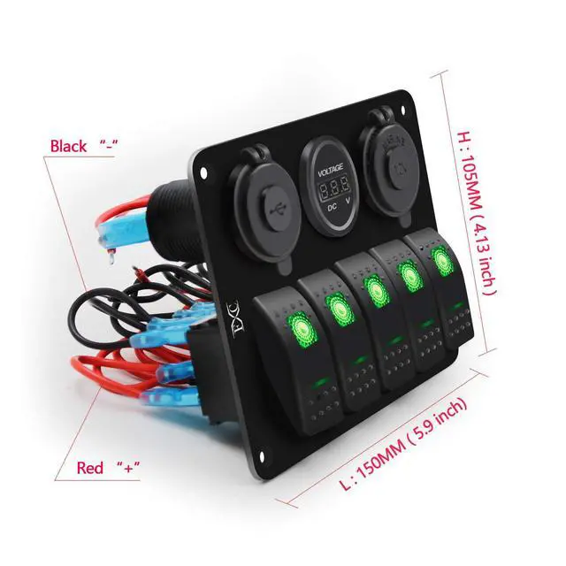 Alt view image 4 of 6 - Waterproof Rocker Switch Panel Green 5 Gang with QC3.0 USB & Type-C Slot Socket + Cigarette Lighter +LED Voltmeter with Power Save for Car Rv Marine Boat Truck
