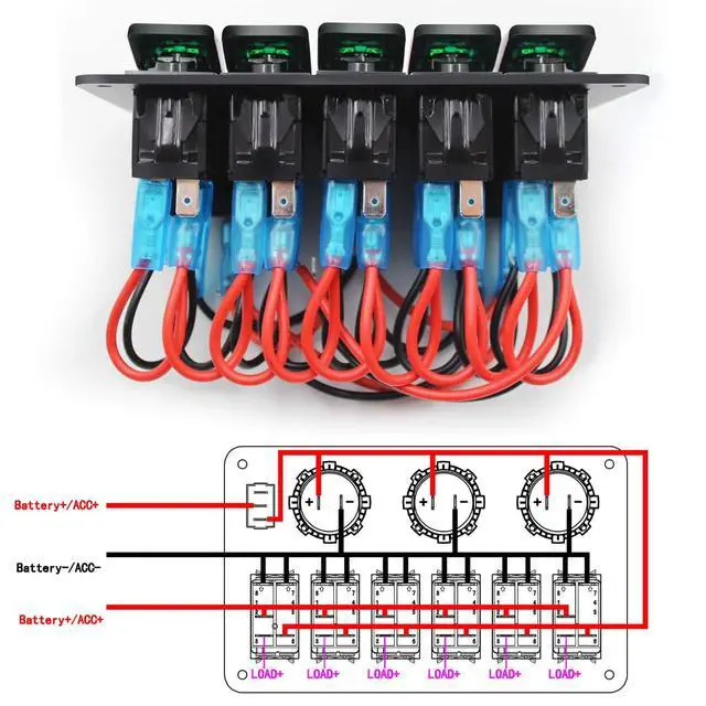 Alt view image 5 of 6 - Waterproof Rocker Switch Panel Green 5 Gang with QC3.0 USB & Type-C Slot Socket + Cigarette Lighter +LED Voltmeter with Power Save for Car Rv Marine Boat Truck