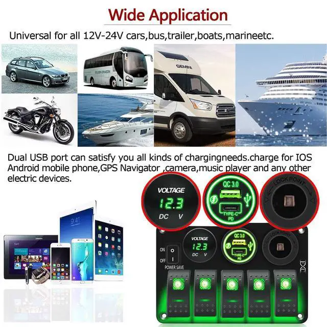 Alt view image 6 of 6 - Waterproof Rocker Switch Panel Green 5 Gang with QC3.0 USB & Type-C Slot Socket + Cigarette Lighter +LED Voltmeter with Power Save for Car Rv Marine Boat Truck