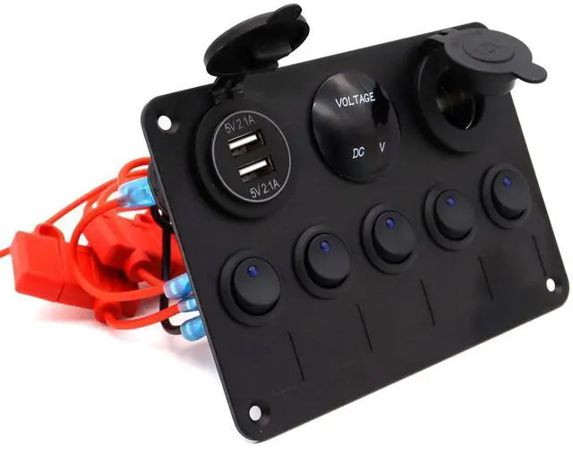 Main image of Dual USB Charger Socket Boat Panel for Car, 5 Gang Waterproof Marine Boat Rocker Toggle Switch 12V Cigarette Lighter Power Outlet Adapter & LED Voltmeter Panel for Boat Car RV Truck, for 12V