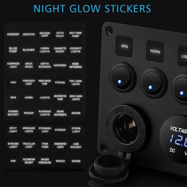 Alt view image 5 of 7 - Dual USB Charger Socket Boat Panel for Car, 5 Gang Waterproof Marine Boat Rocker Toggle Switch 12V Cigarette Lighter Power Outlet Adapter & LED Voltmeter Panel for Boat Car RV Truck, for 12V