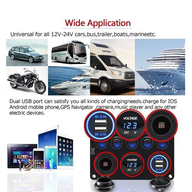 Alt view image 7 of 7 - Dual USB Charger Socket Boat Panel for Car, 5 Gang Waterproof Marine Boat Rocker Toggle Switch 12V Cigarette Lighter Power Outlet Adapter & LED Voltmeter Panel for Boat Car RV Truck, for 12V