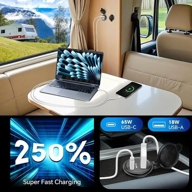 Alt view image 2 of 7 - 83W 12V USB Outlet PD 65W Type-C QC3.0 18W USB-A Dual Port Fast Charging Socket for Laptop, Waterproof Car Charger Replacement Accessories for RV Camper Trailer Boat Truck Golf (2 Pcs)