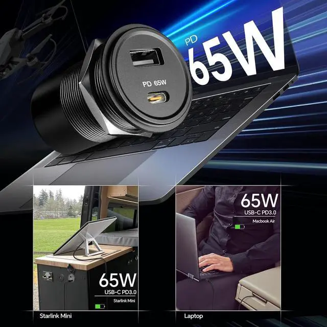 Alt view image 3 of 7 - 83W 12V USB Outlet PD 65W Type-C QC3.0 18W USB-A Dual Port Fast Charging Socket for Laptop, Waterproof Car Charger Replacement Accessories for RV Camper Trailer Boat Truck Golf (2 Pcs)