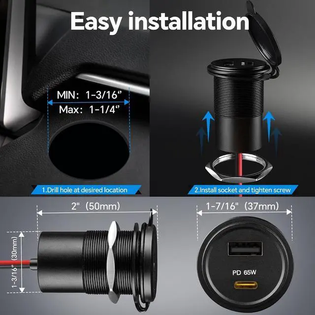 Alt view image 7 of 7 - 83W 12V USB Outlet PD 65W Type-C QC3.0 18W USB-A Dual Port Fast Charging Socket for Laptop, Waterproof Car Charger Replacement Accessories for RV Camper Trailer Boat Truck Golf (2 Pcs)