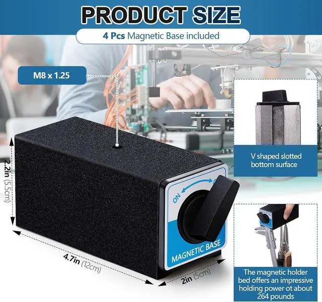 Alt view image 2 of 6 - 4 Pcs 12T Magnetic Base Holder Bed On/Off Switch 264 Lbs Holding Power Magnetic Holder Bed M8 x 1.25 Tapped Hole Switchable Base Without Adjustment Arm for Indicator, 4.7" x 2.2" x 2"