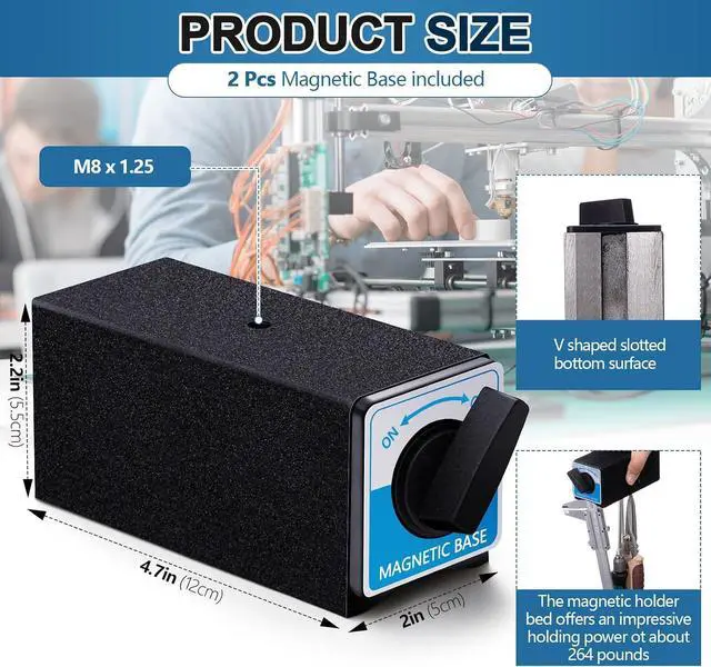 Alt view image 2 of 6 - 2 Pcs 12T Magnetic Base Holder Bed On/Off Switch 264 Lbs Holding Power Magnetic Holder Bed M8 x 1.25 Tapped Hole Switchable Base Without Adjustment Arm for Indicator, 4.7" x 2.2" x 2"