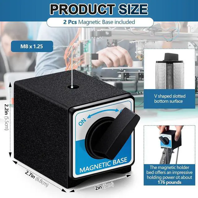 Alt view image 2 of 6 - 2 Pcs 8T Magnetic Base Holder Bed On/off Switch 176 Lbs Holding Power Magnetic Holder Bed M8 x 1.25 Tapped Hole Switchable Base Stand Without Adjustment Arm for Indicator 2.7" x 2.2" x 2"