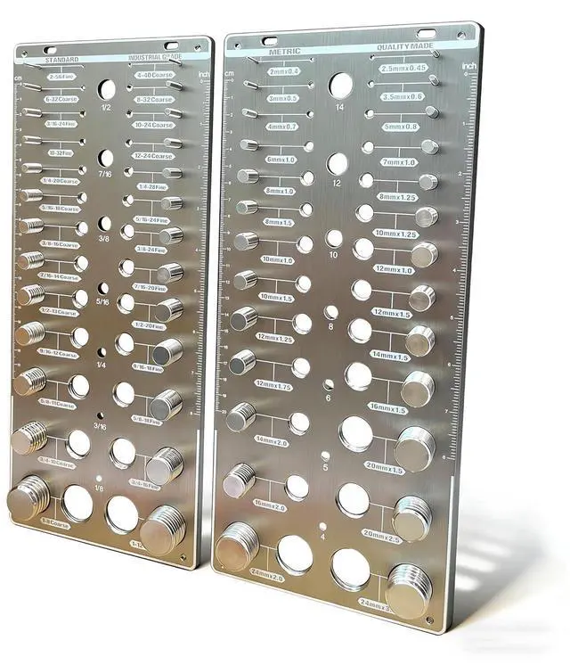 Main image of 66 Nut and Bolt Thread Checker,Bolt Size and Thread Gauge with 26 Standard & 26 Metric Bolts & 14 Drill Bit Gauges,Thread Checker for Machinists & Woodworking,Brushed Finish Thread Checker