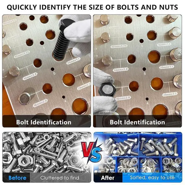 Alt view image 2 of 7 - 66 Nut and Bolt Thread Checker,Bolt Size and Thread Gauge with 26 Standard & 26 Metric Bolts & 14 Drill Bit Gauges,Thread Checker for Machinists & Woodworking,Brushed Finish Thread Checker