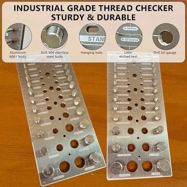 Alt view image 5 of 7 - 66 Nut and Bolt Thread Checker,Bolt Size and Thread Gauge with 26 Standard & 26 Metric Bolts & 14 Drill Bit Gauges,Thread Checker for Machinists & Woodworking,Brushed Finish Thread Checker