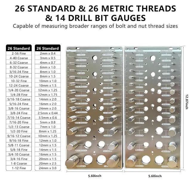 Alt view image 6 of 7 - 66 Nut and Bolt Thread Checker,Bolt Size and Thread Gauge with 26 Standard & 26 Metric Bolts & 14 Drill Bit Gauges,Thread Checker for Machinists & Woodworking,Brushed Finish Thread Checker