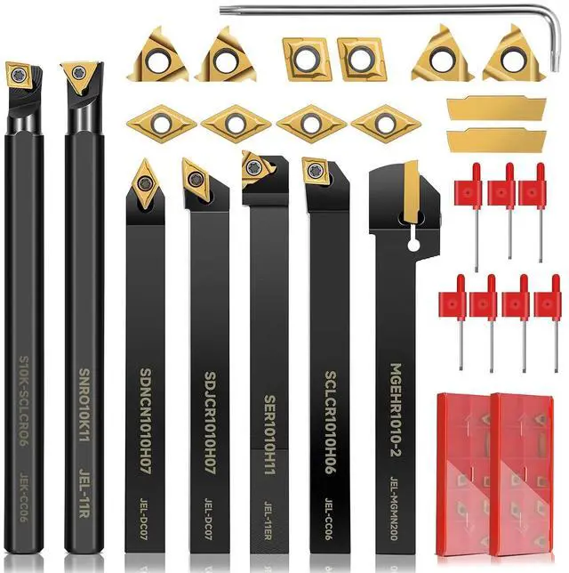 Main image of Indexable Lathe Turning Tool 21Pcs Kit 3/8'' 10mm Shank 7Pcs Metal Lathe Tools Holder Set with 14Pcs Turning Inserts for Turning Grooving Threading Boring Carbide Inserts Carbide Turning Tool