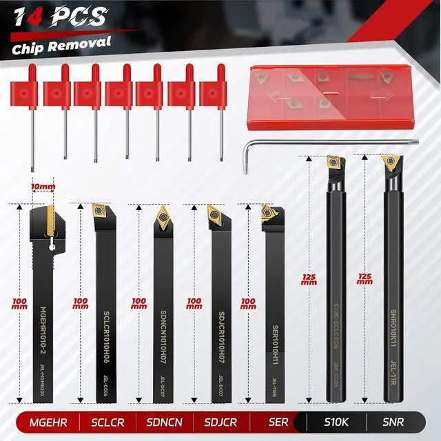 Alt view image 3 of 7 - Indexable Lathe Turning Tool 21Pcs Kit 3/8'' 10mm Shank 7Pcs Metal Lathe Tools Holder Set with 14Pcs Turning Inserts for Turning Grooving Threading Boring Carbide Inserts Carbide Turning Tool
