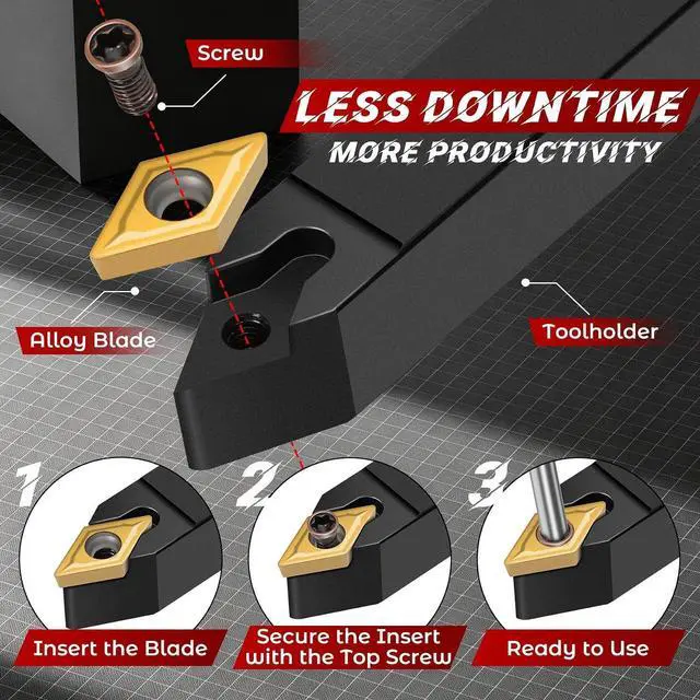 Alt view image 7 of 7 - Indexable Lathe Turning Tool 21Pcs Kit 3/8'' 10mm Shank 7Pcs Metal Lathe Tools Holder Set with 14Pcs Turning Inserts for Turning Grooving Threading Boring Carbide Inserts Carbide Turning Tool