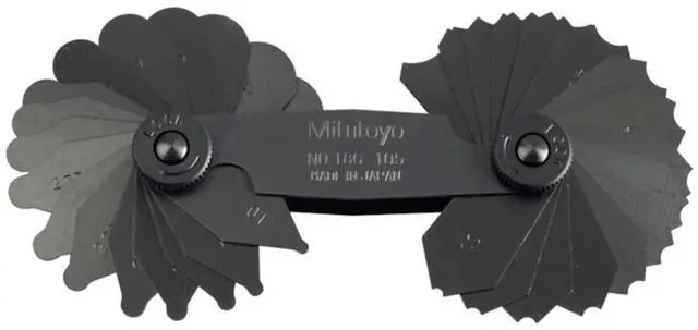 Main image of - 186-105, Radius Gage Set, 17 Pairs of Leaves, 1mm to 3mm by 0.25mm, 3.5mm to 7mm by 0.5mm