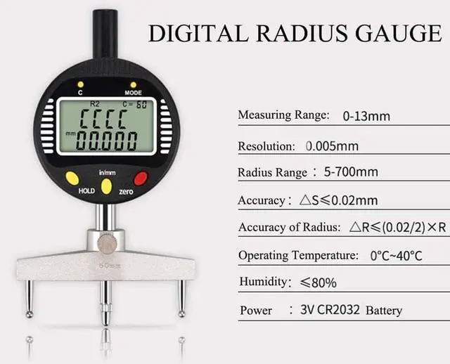 Alt view image 2 of 7 - Digital Inner and Outer Radius Measuring Instrument with 10mm/20mm/30mm/60mm/100mm Replaceable Measuring Claws,Black Radius Range: 5-700mm (0.2-27.5in), Linear Range: 0-12.7mm (0-0.5in)