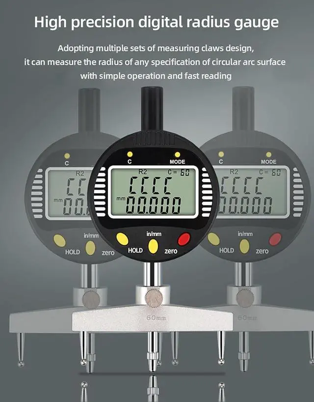 Alt view image 4 of 7 - Digital Inner and Outer Radius Measuring Instrument with 10mm/20mm/30mm/60mm/100mm Replaceable Measuring Claws,Black Radius Range: 5-700mm (0.2-27.5in), Linear Range: 0-12.7mm (0-0.5in)