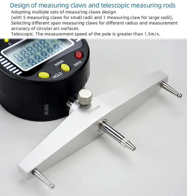 Alt view image 5 of 7 - Digital Inner and Outer Radius Measuring Instrument with 10mm/20mm/30mm/60mm/100mm Replaceable Measuring Claws,Black Radius Range: 5-700mm (0.2-27.5in), Linear Range: 0-12.7mm (0-0.5in)