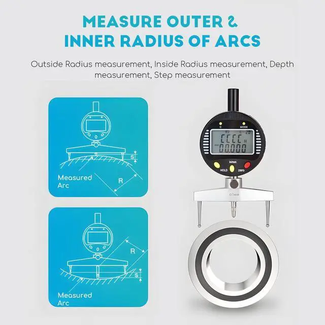 Alt view image 6 of 7 - Digital Inner and Outer Radius Measuring Instrument with 10mm/20mm/30mm/60mm/100mm Replaceable Measuring Claws,Black Radius Range: 5-700mm (0.2-27.5in), Linear Range: 0-12.7mm (0-0.5in)
