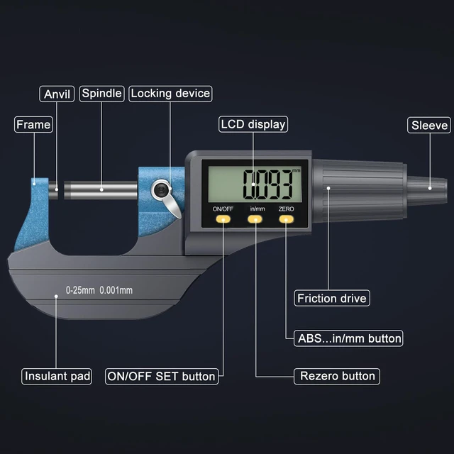 Alt view image 3 of 6 - HDLKNAK Digital Outside Micrometer 0-1", 0.00005"/0.001mm Precision (Blue)