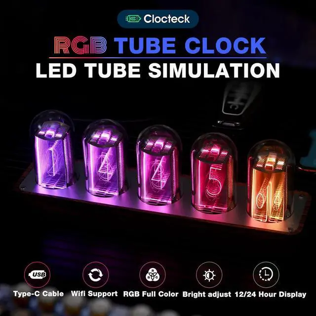 Alt view image 2 of 7 - Nixie Tube Clock Walnut Digital Clock, Support Wi-Fi Time SYNC, Alarm & Timer, 12/24H Display, A Retro Gift for Friends (Wood Grain)