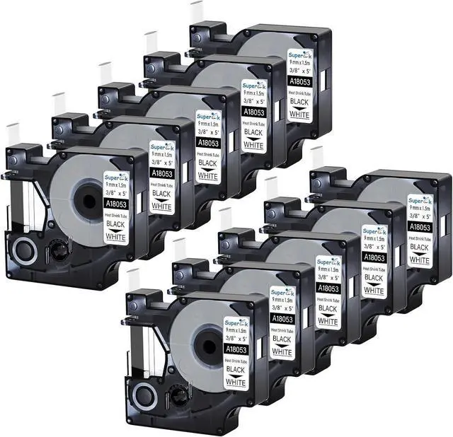 Main image of 10PK 9mm Compatible for DYMO Heat Shrink Tube 18053 Black on White Label