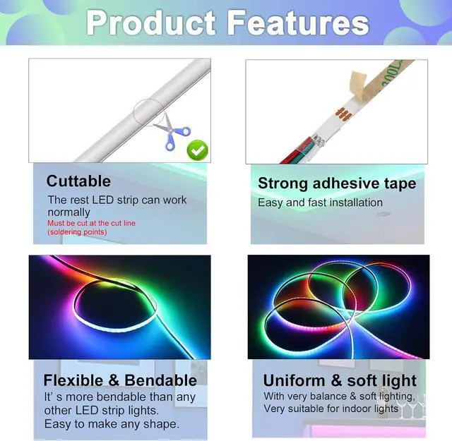 Alt view image 7 of 7 - WS2812B COB LED Strip Kit, 3.28ft 3mm Ultra Thin Smart IC RGB USB Light
