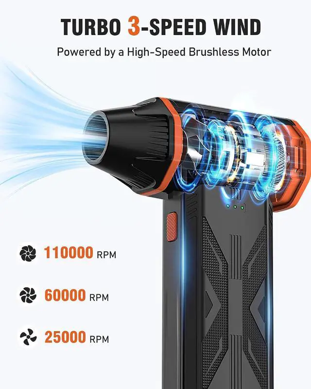 Alt view image 3 of 7 - Electric Air Duster, 110000 RPM Cordless Rechargeable Compressed Air Duster with 3 Speed Modes, Portable Handheld Air Blower for Computer Cleaning, Keyboard, PC, Electronics, Car, Office & Home