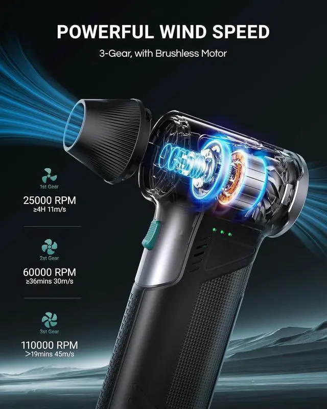 Alt view image 2 of 7 - T150 Compressed Air Duster, Mini Hand Blower 110000RPM, 3-Gear Handheld Cordless Blower with Fast Charging, Portable Electric Air Blower for PC, Car, Outdoor, Keyboard