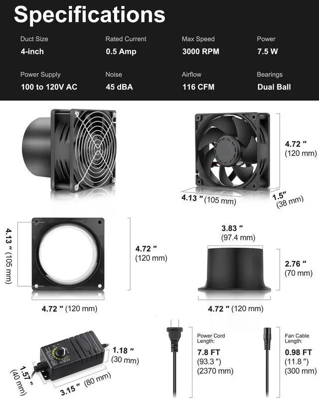 Alt view image 6 of 7 - 120mm x 38mm 12V DC Axial Fan w/ 4 Inch Duct Flange Variable Speed