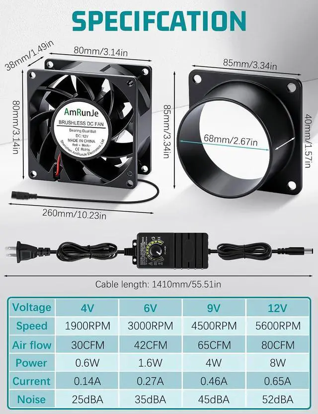 Alt view image 6 of 7 - 12v Soldering Exhaust Axial Fan 80mm x 38mm Speed Control