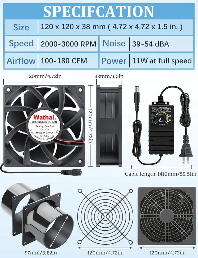 Alt view image 2 of 7 - 120mm x 38mm 4 Inch Small Exhaust Fan 12V Duct Fan with Speed Control, Fume Extractor for Paint Booth, Soldering, Laser Engraving, Greenhouse Ventilation