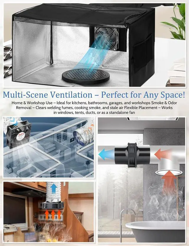 Alt view image 4 of 7 - 120mm x 38mm 4 Inch Small Exhaust Fan 12V Duct Fan with Speed Control, Fume Extractor for Paint Booth, Soldering, Laser Engraving, Greenhouse Ventilation