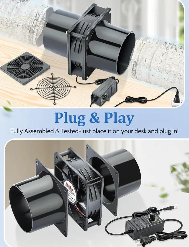 Alt view image 7 of 7 - 120mm x 38mm 4 Inch Small Exhaust Fan 12V Duct Fan with Speed Control, Fume Extractor for Paint Booth, Soldering, Laser Engraving, Greenhouse Ventilation
