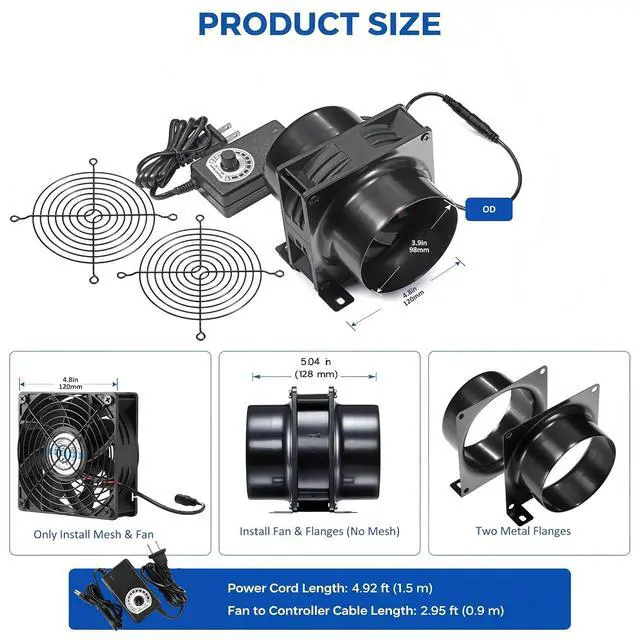 Alt view image 5 of 7 - 4" Axial Exhaust Fan, DC12V Air Fume Smoke Extractor