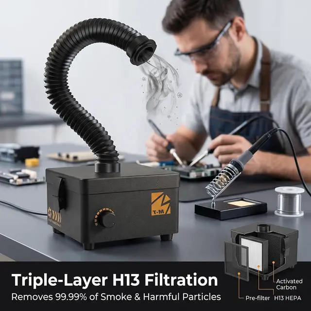 Alt view image 2 of 7 - Solder Fume Extractor, 80W 168m³/h Soldering Fume Extractor Smoke Absorber with HEPA Filter & Carbon, 3-speed Adjustment for Soldering, Welding, 3D Printing