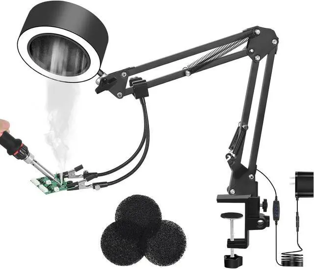 Main image of 3-in-1 Solder Fume Extractor Smoke Absorber Fan Lamp with 2 Helping Hands and 3 Carbon Filters, 10 Brightness 3 Light Colors, for Stained Glass Laser Cutter ESD DIY Working Soldering Rework Station