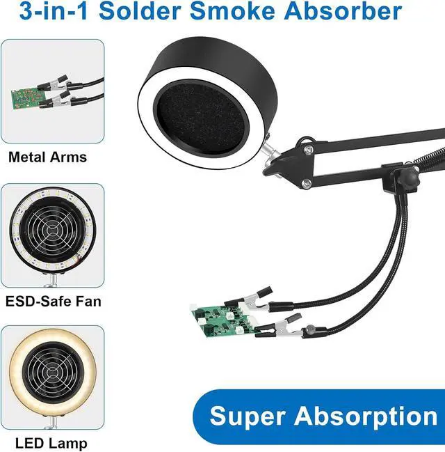 Alt view image 2 of 7 - 3-in-1 Solder Fume Extractor Smoke Absorber Fan Lamp with 2 Helping Hands and 3 Carbon Filters, 10 Brightness 3 Light Colors, for Stained Glass Laser Cutter ESD DIY Working Soldering Rework Station