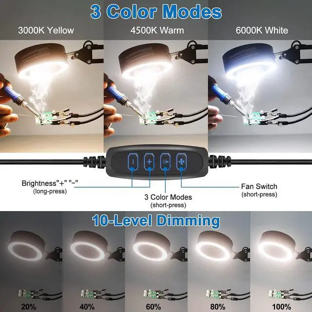 Alt view image 3 of 7 - 3-in-1 Solder Fume Extractor Smoke Absorber Fan Lamp with 2 Helping Hands and 3 Carbon Filters, 10 Brightness 3 Light Colors, for Stained Glass Laser Cutter ESD DIY Working Soldering Rework Station