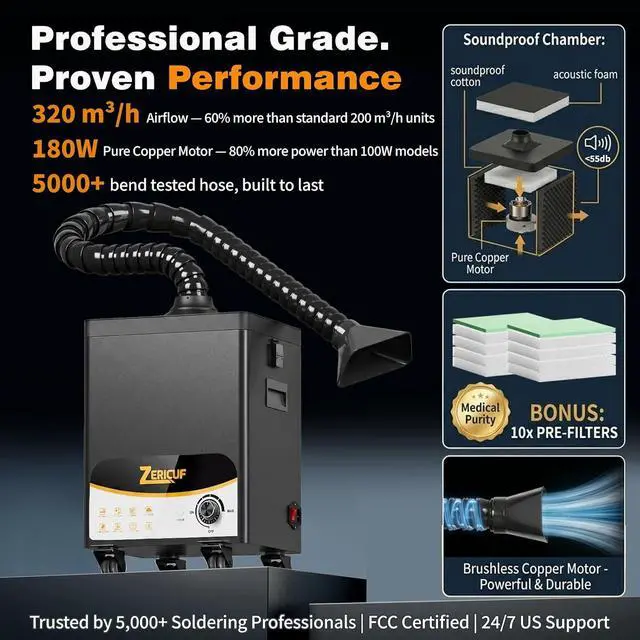 Alt view image 2 of 7 - Solder Fume Extractor 180W 320m³/h, Thickened Pre-Filters, Soundproof Low-Noise Chamber, Exclusive Downward Exhaust, H13 HEPA & High-Iodine Carbon, Smoke Absorber for Soldering, Laser, 3D Printer