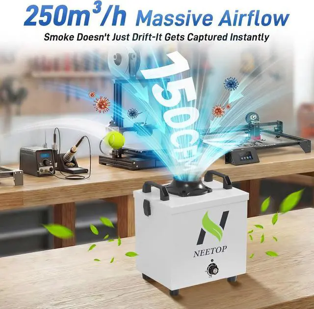 Alt view image 2 of 7 - 100W Solder Fume Extractor Stronger 250m³/h Suction H13 HEPA & Carbon Dust Odors Filtration, Smoke-Free Workspace, <55dB Smoke Absorber for DIY Soldering, Resin 3D Printing, Laser Engraving