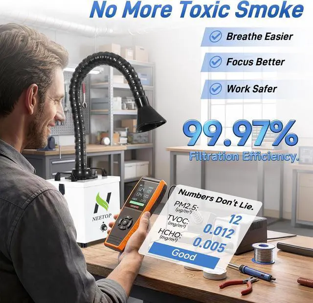 Alt view image 3 of 7 - 100W Solder Fume Extractor Stronger 250m³/h Suction H13 HEPA & Carbon Dust Odors Filtration, Smoke-Free Workspace, <55dB Smoke Absorber for DIY Soldering, Resin 3D Printing, Laser Engraving