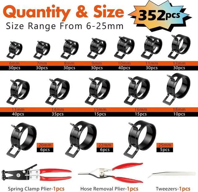 Alt view image 2 of 7 - 352Pcs 6-25mm Spring Band Hose Clamps Assortment Kit with Spring Clamp Plier & Hose Clamp Plier for Fuel Lines,Automotive,Marine,Gardening,Vacuum Hoses
