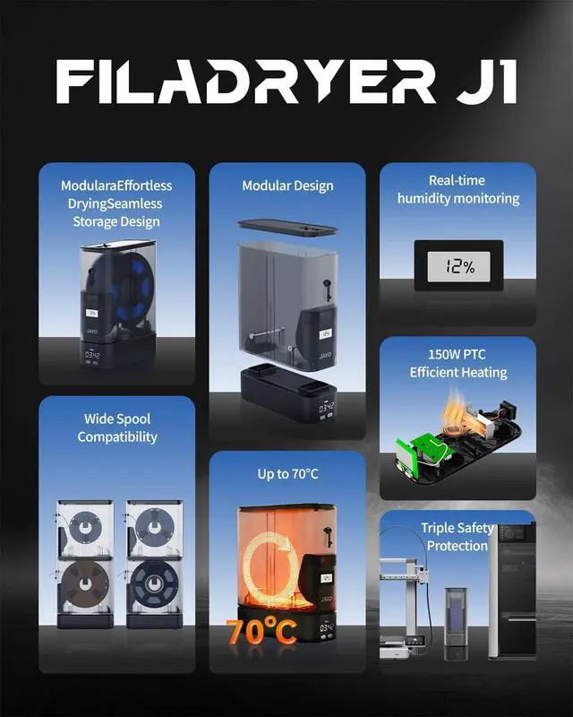Alt view image 2 of 7 - J1 Filament Dryer Box for 3D Printer Filaments, 150W PTC, Up to 70°C