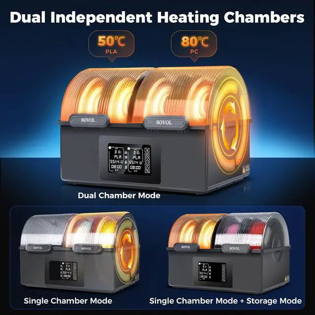 Alt view image 2 of 7 - Filament Dryer 4 Spools, SH03 Dry Box with 85 Max Temp, Sealed Filament Storage Box with Auto Dehumiditification, Dual Independent Heating Chambers for PLA PETG ABS TPU ASA PC PA 1.75/2.85mm